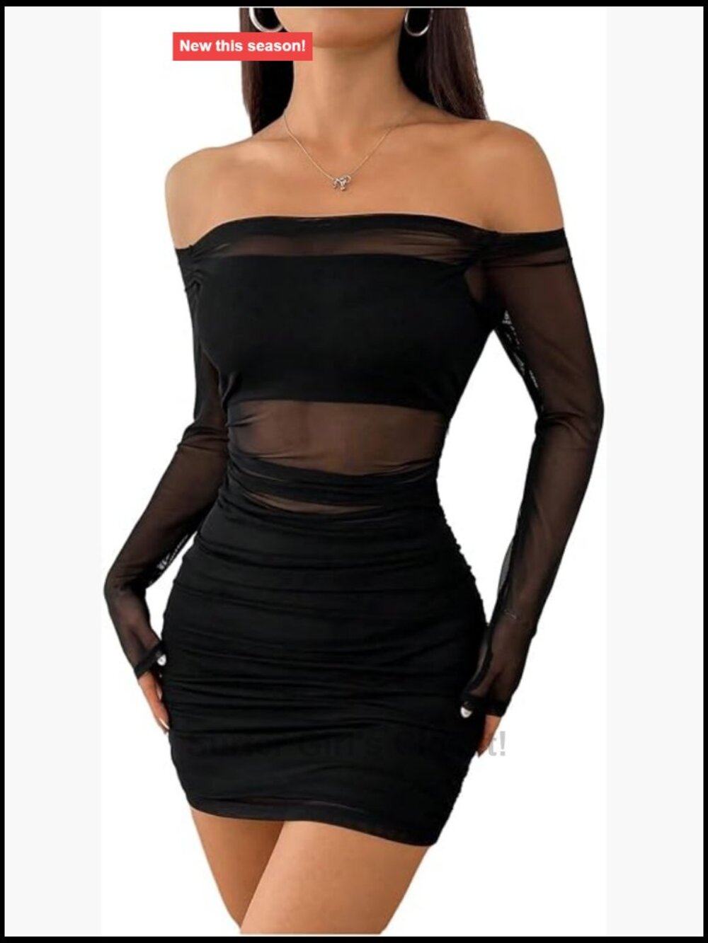 Off Shoulder Sheer Mesh Long Sleeve Bodycon Mini Dress Ruched Party